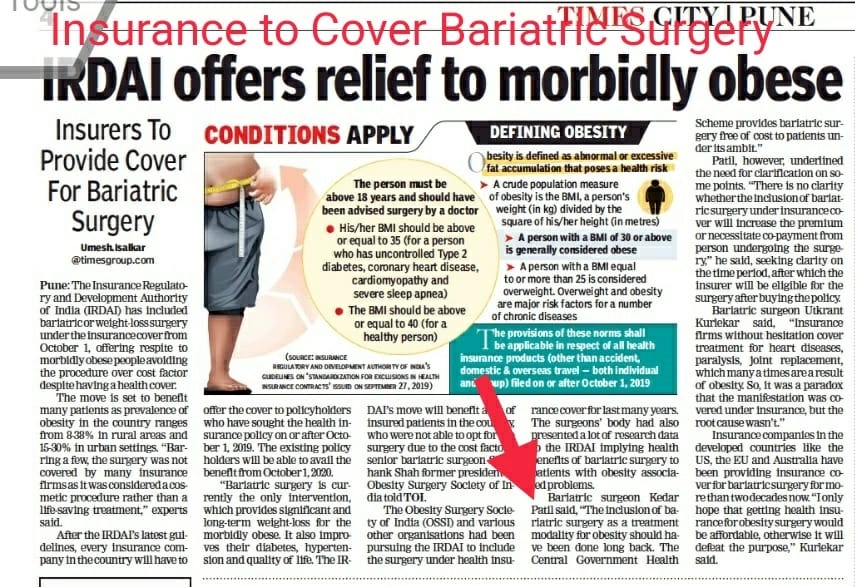 IRDAI announcement in newspaper regarding insurance coverage for bariatric surgery.