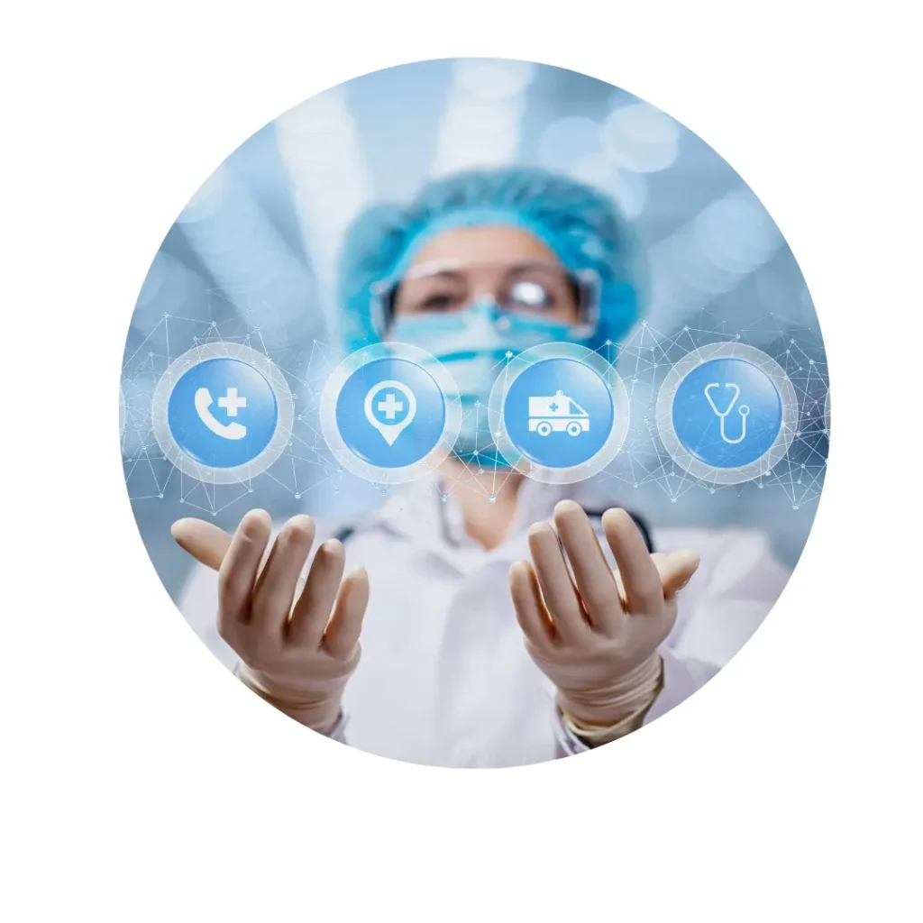 Medical professional in protective gear interacting with floating digital icons representing healthcare services including call location ambulance and stethoscope Medical professional in protective gear interacting with floating digital icons representing healthcare services, including call, location, ambulance, and stethoscope