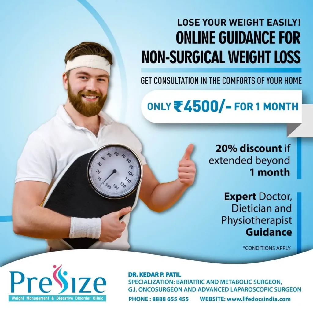 Online non-surgical weight loss guidance offer with a man holding a weighing scale, featuring ₹4500month pricing and expert doctor consultation
