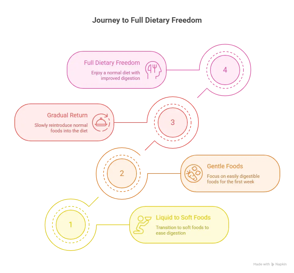 Infographic titled 'Journey to Full Dietary Freedom' illustrating a four-step recovery path for improving digestion